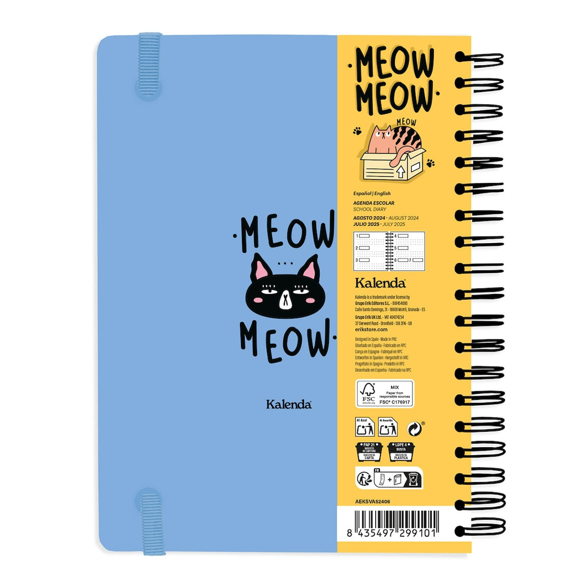 Agenda Escolar 2024/2025 Meow Meow Semana Vista 12 Meses A5