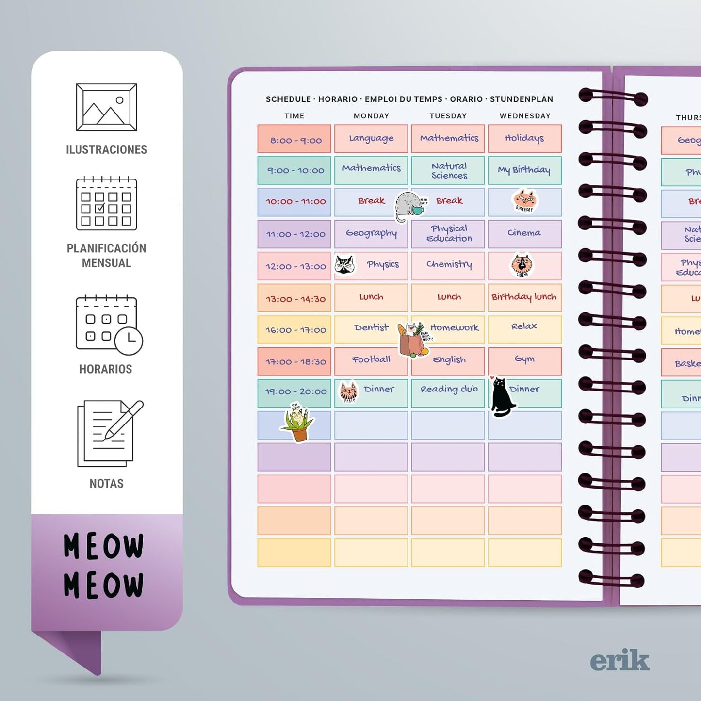 Agenda Escolar 2024/2025 Meow Meow Semana Vista 12 Meses A5